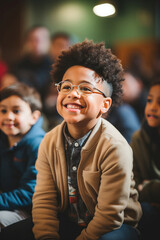 Obraz premium Portrait of smiling African American boy in eyeglasses in classroom. created by generative AI technology.