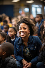 Portrait of happy African American female teacher with students in classroom. created by generative AI technology.