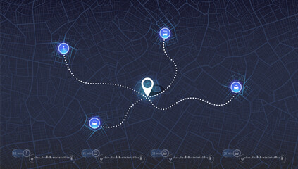 GPS navigator screen with street roads and location, destination points City top view, for application and animation. Vector, illustration isolated. Urban highway plan, final destination