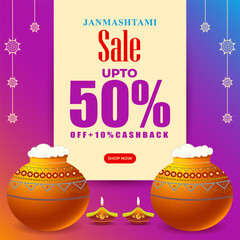 Vector illustration of Happy Krishna Janmashtami Sale social media feed template