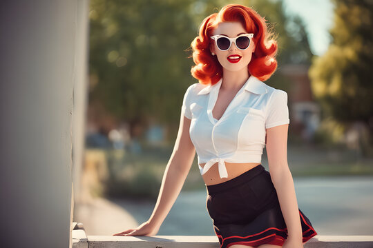Image of a young woman pinup girl with red hair and wearing sunglasses from the 1950s or 1960s.