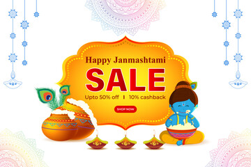 Vector illustration of Happy Krishna Janmashtami Sale social media feed template
