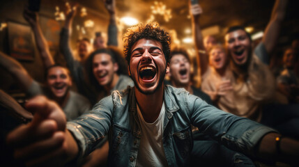Naklejka premium Group of young people having fun at a nightclub - Clubbing concept. created by generative AI technology.