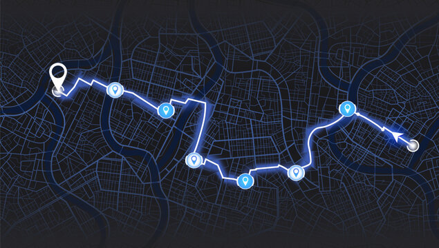 Map city with gps pins street, road. Multiple destinations with location system. Vector, Black background Urban map with information pointers, signs, arrows. Vector illustration