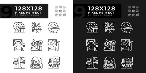 Health care technology pixel perfect linear icons set for dark, light mode. Medical innovation. Healthcare industry. Thin line symbols for night, day theme. Isolated illustrations. Editable stroke