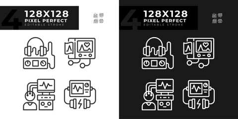 Healthcare equipment pixel perfect linear icons set for dark, light mode. Hospital machines. Medical occupation. Thin line symbols for night, day theme. Isolated illustrations. Editable stroke