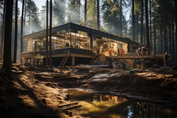 Fototapeta na wymiar Workers build wooden residential house in forest. Team of contractors in uniform and engineer working at construction site, making new home. Architecture concept