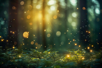 Naklejka premium a forest with sunlight filtering through the trees. The image has a dreamy, magical feel with the sunlight creating a bokeh effect