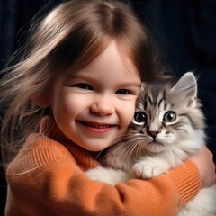 Little smiling girl holding a kitten