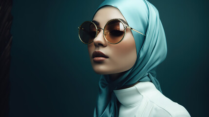 portrait of young woman wearing hijab, fashion design backdrop 