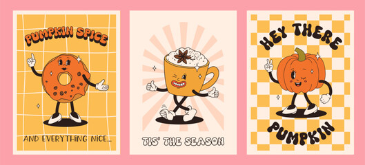 Funny Retro cartoon Pumpkin Character in groovy 50s, 60s, 70s Vintage Style. Happy Autumn mascot with pumpkin spice latte, pumpkin pie, pudding, cake, cupcake, waffles, donut and coffee.