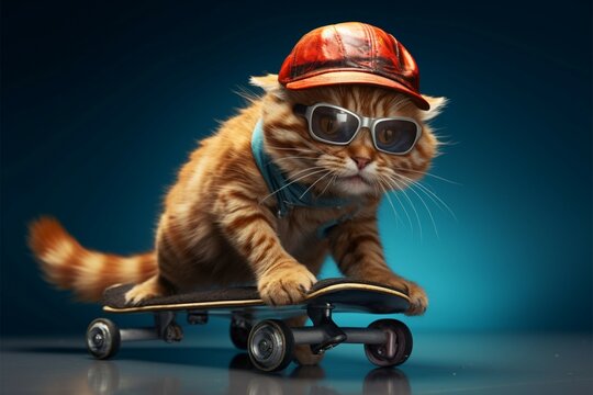Cool cat on skateboard pops against blue background, oozing funk