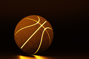 Dark orange basketball ball with neon lines on dark background