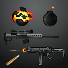 Set of weapons including a long range sniper, semi machine gun or smg, bullets and a bomb and exploding blast vector. best for games or gaming related art projects. development ui object collection.