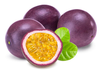 fresh passion fruit with green leaves  isolated on white background. exotic fruit. clipping path