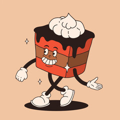 Funny Retro cartoon christmas Character in groovy 50s, 60s, 70s Vintage Style. Happy new year mascot with hot coffee, cocoa, gingerbread, cake, cupcake and cookie. Xmas vintage characters.