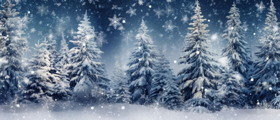 Winter panoramic background with snow-covered fir branches and snowfall flakes.