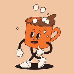 Funny Retro cartoon christmas Character in groovy 50s, 60s, 70s Vintage Style. Happy new year mascot with hot coffee, cocoa, gingerbread, cake, cupcake and cookie. Xmas vintage characters.