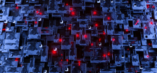 Sci-fi block chain tech background with red neon particles