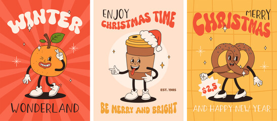 Funny Retro cartoon christmas Character in groovy 50s, 60s, 70s Vintage Style. Happy new year mascot with hot coffee, cocoa, gingerbread, cake, cupcake and cookie. Xmas vintage characters.