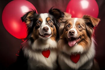 Fototapeta na wymiar Duo of Border Collies with heart balloon adorable, heartwarming companionship