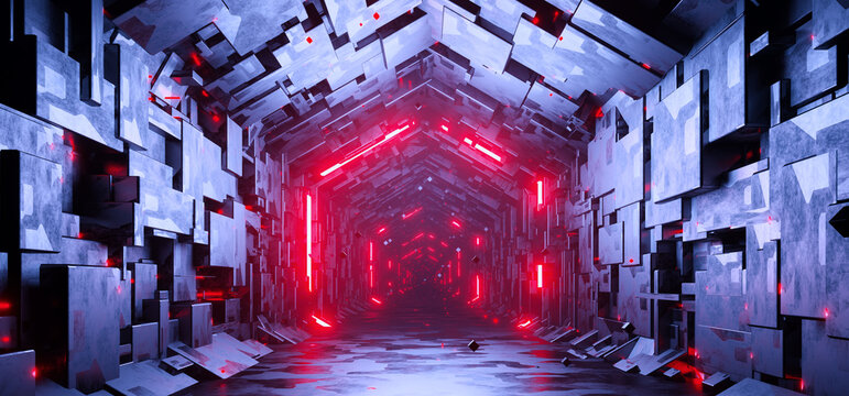 Fototapeta Sci-fi hexagonal empty tunnel with glowing red neon hexagon sign background