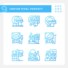 Health care technology pixel perfect gradient linear vector icons set. Medical innovation. Healthcare industry. Thin line contour symbol designs bundle. Isolated outline illustrations collection
