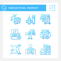 Medical technology pixel perfect gradient linear vector icons set. Modern equipment. Health care. Hospital devices. Thin line contour symbol designs bundle. Isolated outline illustrations collection
