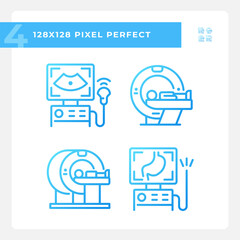 Medical imaging technology pixel perfect gradient linear vector icons set. Hospital equipment. Clinical diagnostic. Thin line contour symbol designs bundle. Isolated outline illustrations collection