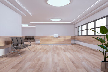 Waiting area in clean interior with wooden flooring, seats and plants. 3D Rendering.