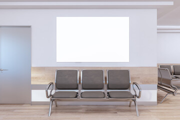 Waiting area with mock up banner on wall in modern interior with wooden flooring, seats and plants. 3D Rendering.
