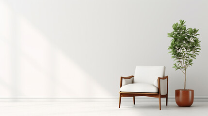 Fototapeta premium interior of a room in a minimalist style with an armchair and a tropical plant in a pot, legal AI