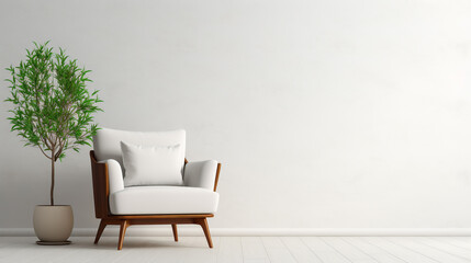 white armchair and a tropical plant in a pot against a white wall. minimalist design, legal AI