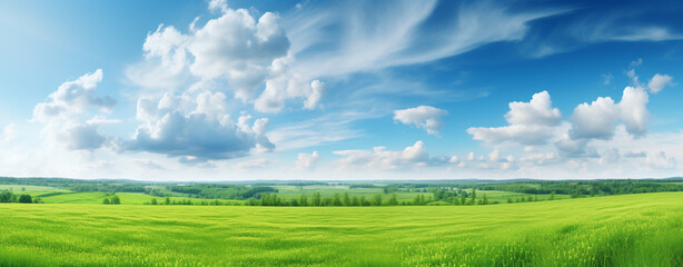 Fototapeta na wymiar panorama of green field and blue sky with clouds on a sunny day, legal AI