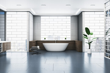 Modern bathroom interior with bathtub, abstract windows and reflections on concrete flooring. 3D Rendering.