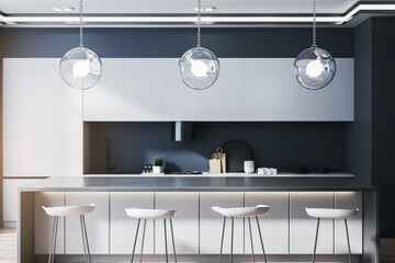 Luxury kitchen interior with equipment and daylight. 3D Rendering.