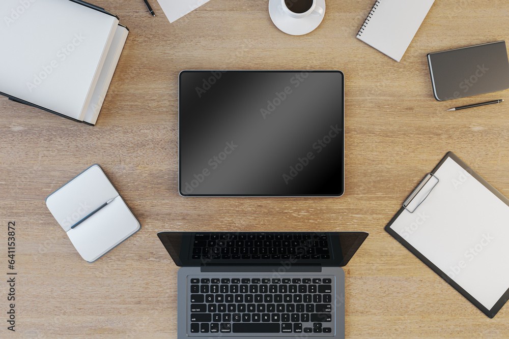 Poster top view and close up of wooden office workplace with supplies, devices and mock up place for your a