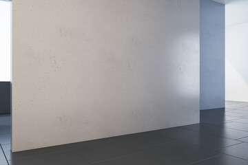 Concrete gallery interior with mock up place on walls and white windows. Museum room concept. 3D Rendering.