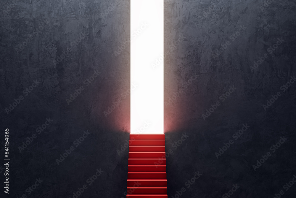 Poster bright line opening on black concrete wall background with mock up place and red stairs. future, way