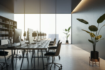 Clean coworking office interior with computer monitors, window and city view and furniture. 3D Rendering.
