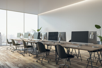 Modern coworking office interior with wooden, flooring, computer monitors, window and city view and furniture. 3D Rendering.