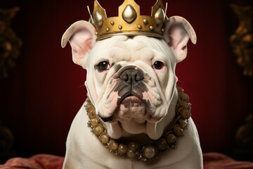In regal splendor, a white bulldog pup dons a velvet crown