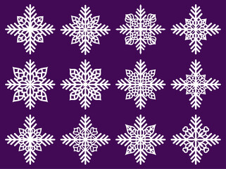Set of laser cutting openwork snowflakes. Vector silhouette of christmas decoration. Template for paper isolated on blue background. Stencil for scrapbooking, carved wood.	