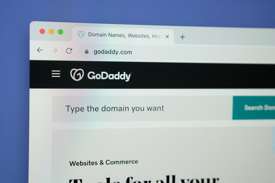 Ostersund, Sweden - Aug 30 2023: GoDaddy website. GoDaddy Inc. is an American publicly traded Internet domain registrar and web hosting company.