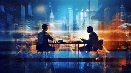 two businessmen talking at the table against the backdrop of an abstract futuristic background, legal AI
