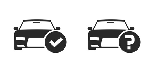 Car check test icon pictogram vector, simple vehicle auto question mark glyph symbol graphic black white, checkup registration checkmark, automobile request problem issue web label image