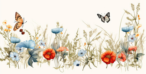 Obraz na płótnie Canvas beautiful illustration with wildflowers in the grass and butterflies fluttering above them, legal AI
