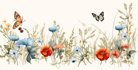 Fotobehang beautiful illustration with wildflowers in the grass and butterflies fluttering above them, legal AI © PETR BABKIN