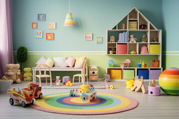 a cute baby’s playroom full of toys and decorative elements, color floor, color wall, color...