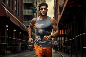 Fototapeta na wymiar Caucasian man in athletic wear is running through the streets of New York